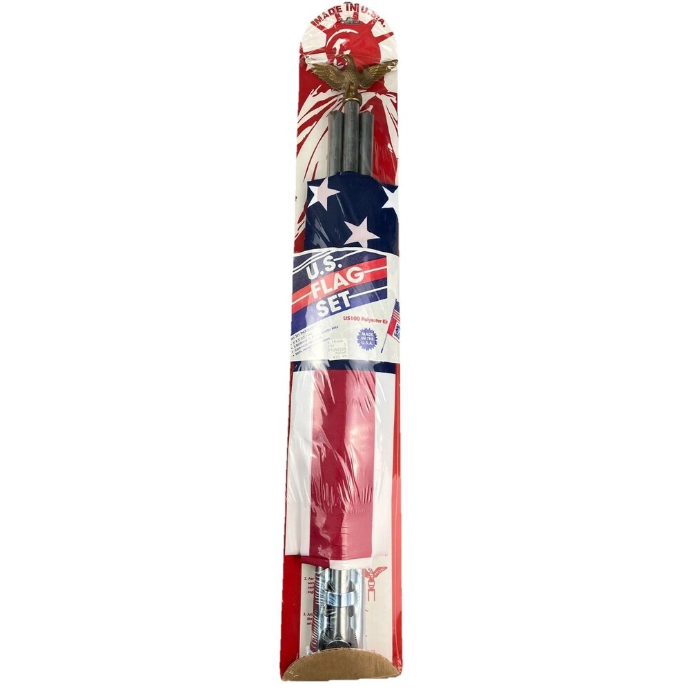 VTG U.S. Flag Set 3’ x 5’ with 6’ Steel Pole & Gold Eagle Made In USA New Sealed
